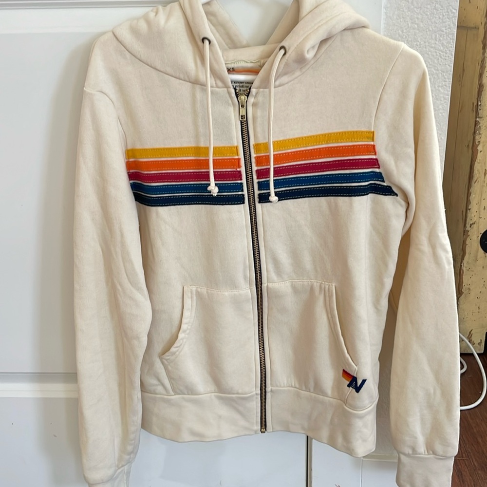 Aviator Nation 5 Stripe Hoodie Sweatshirt XS Vintage White